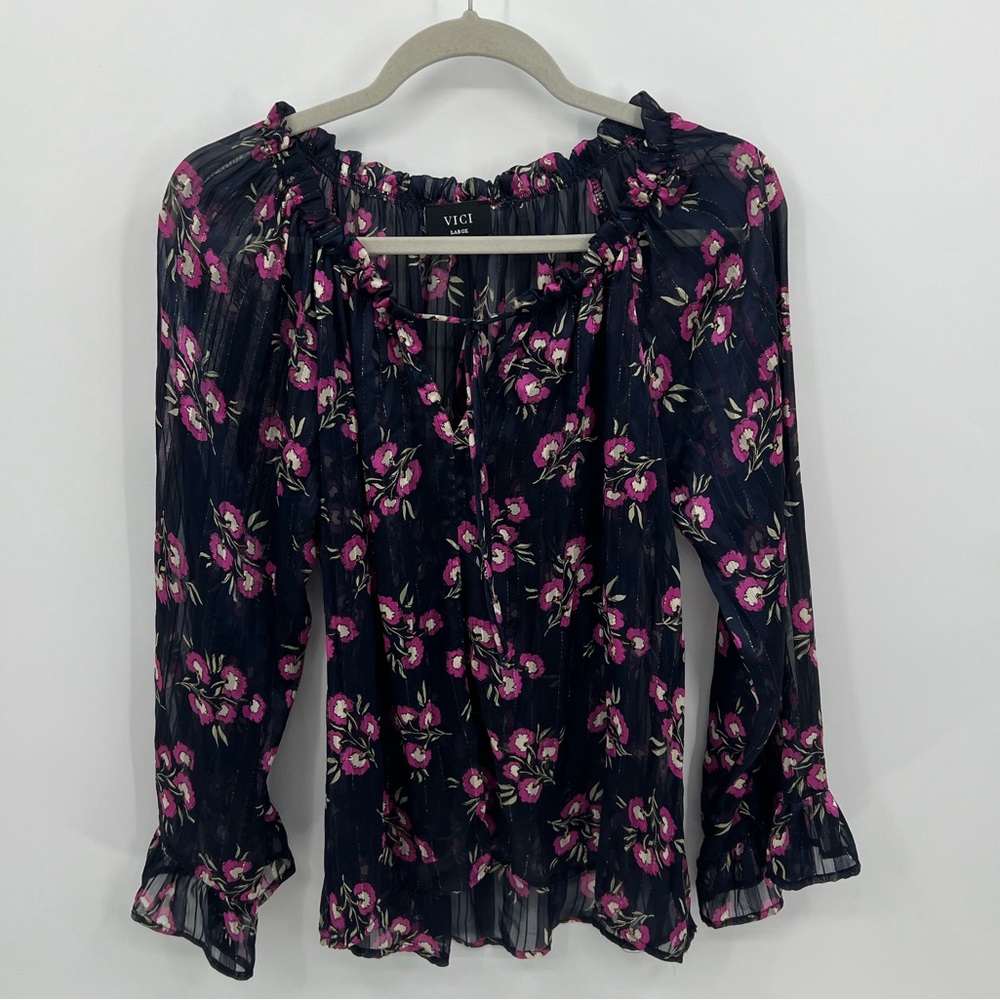 Vici sheer floral metallic stripe blouse